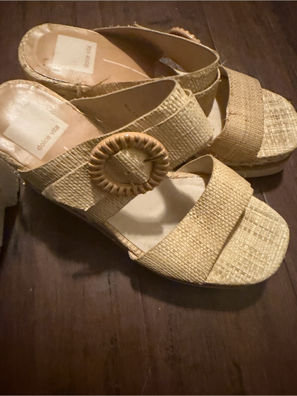 Dolce Vita Natural Woven Wedge Slides with Round Buckle in good condition